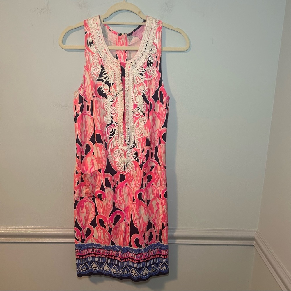 Lilly Pulitzer Blue & Pink Flamingo Print Carlotta Stretch Shift Dress Size 2